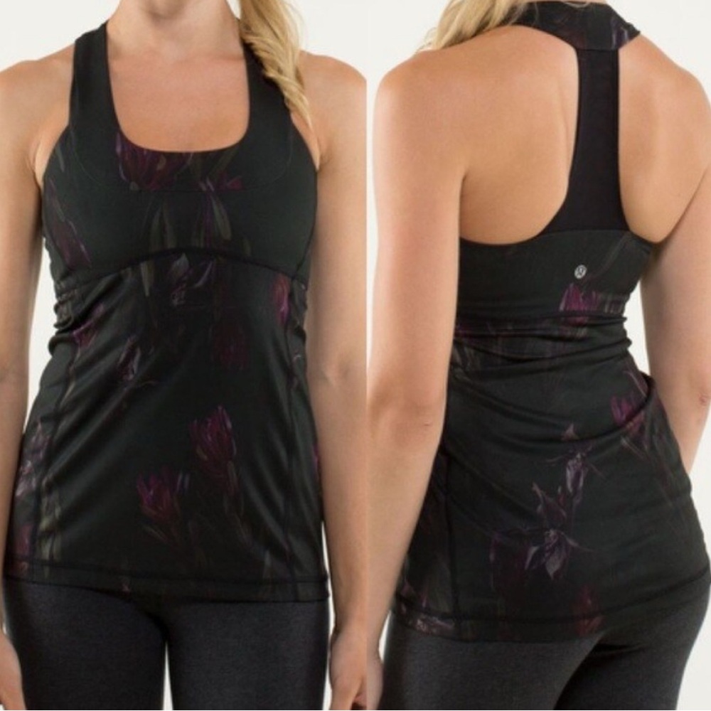LULULEMON Scoop Neck Tank MIDNIGHT IRIS Black Floral Top Racerback Size 6